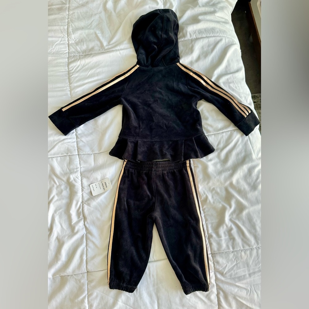 Girls Adidas Black Velour Tracksuit